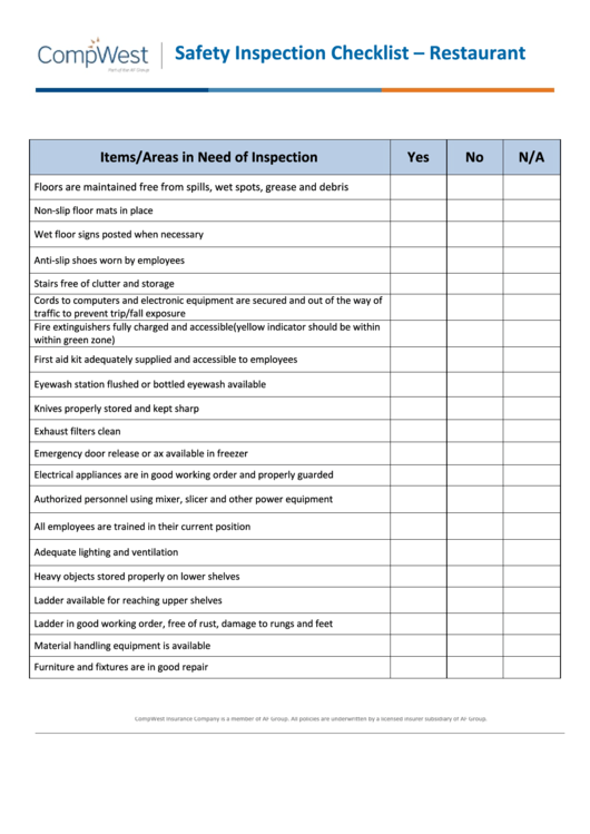 Safety Inspection Checklist Template Restaurant Printable Pdf Download