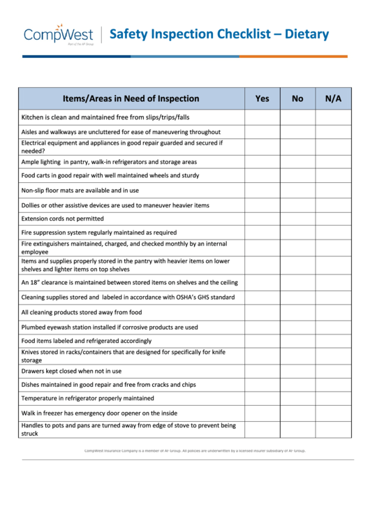 Dietary Safety Inspection Checklist Template Printable pdf