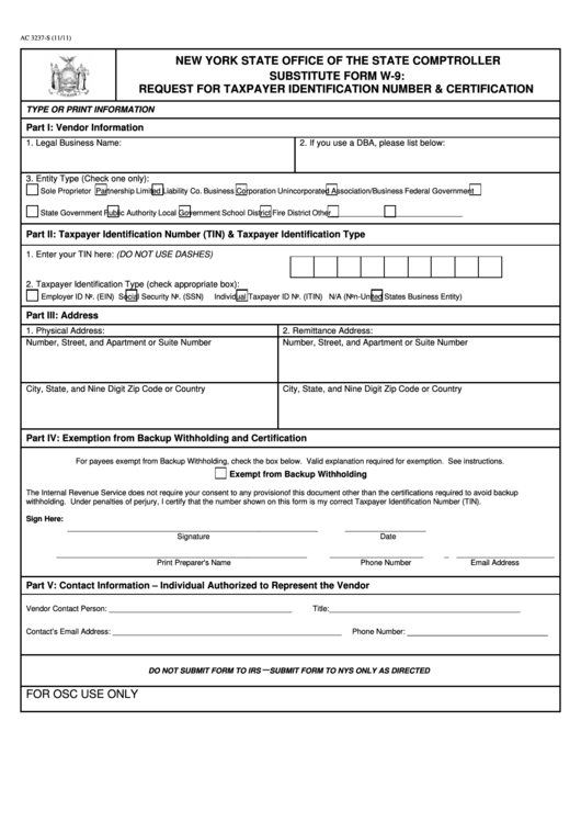 Fillable Form Ac 3237-S - Substitute Form W-9: Request For Taxpayer Identification Number & Certification Printable pdf