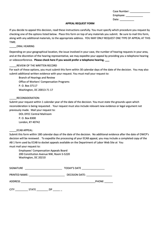 Appeal Request Form Printable pdf