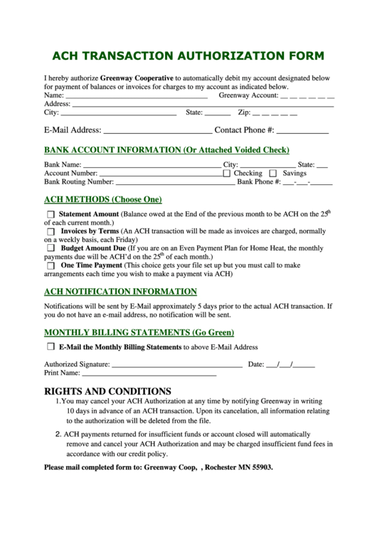Ach Transaction Authorization Form Printable pdf