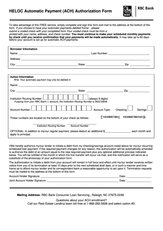 Heloc Automatic Payment (Ach) Authorization Form Printable pdf
