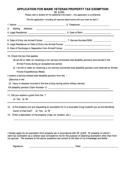 Form Ptf-307 - Application For Maine Veteran Property Tax Exemption
