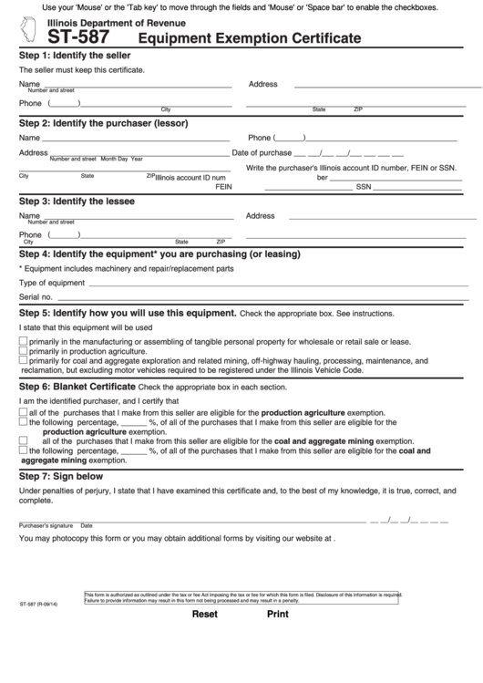 Fillable Form St 587 Equipment Exemption Certificate Template 