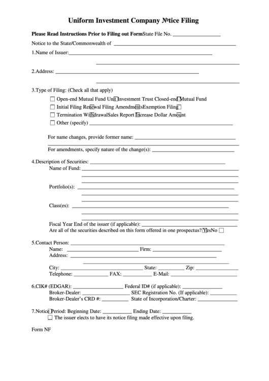 Fillable Form Nf - Uniform Investment Company Notice Filing Form Printable pdf