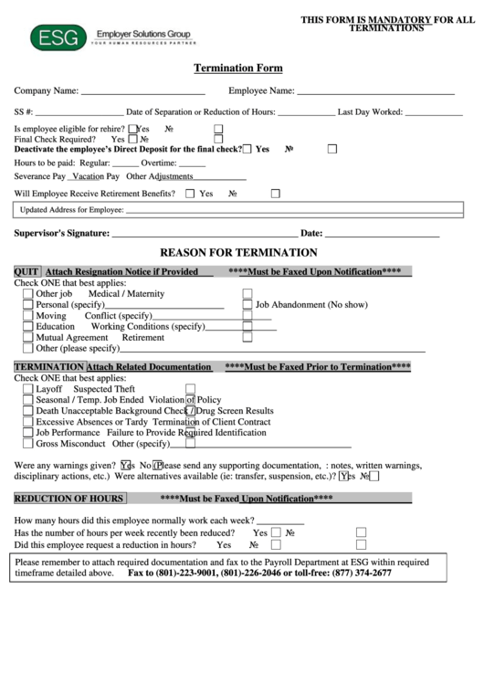 Termination Form Printable pdf