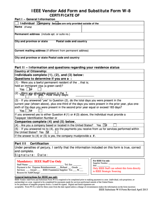 Fillable Form W-8 - Certificate Of Non-U.s. Status Printable pdf