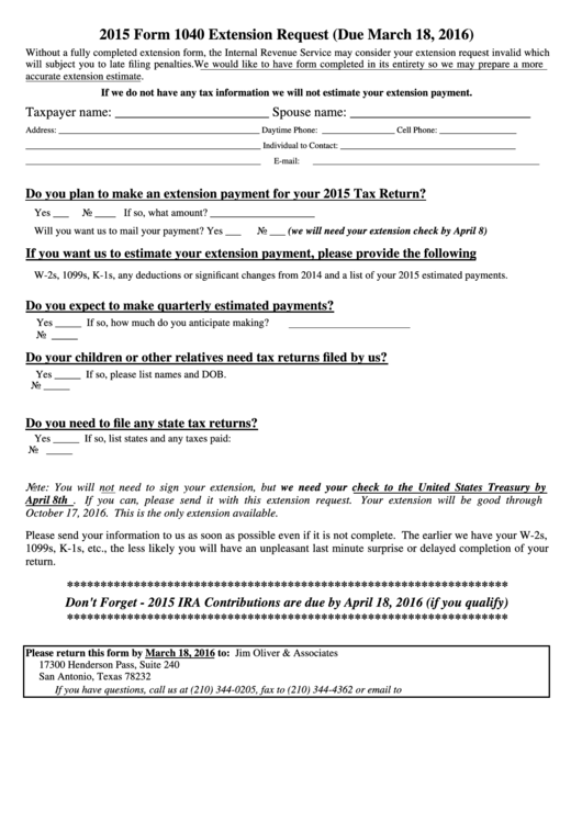 Form 1040 - Extension Request 2015 Printable pdf