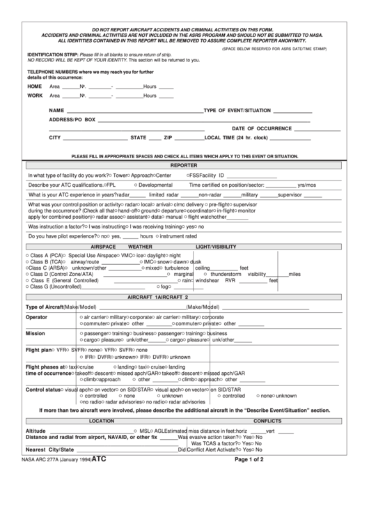 Form Nasa Arc 277a - Atc Form 1994 Printable pdf