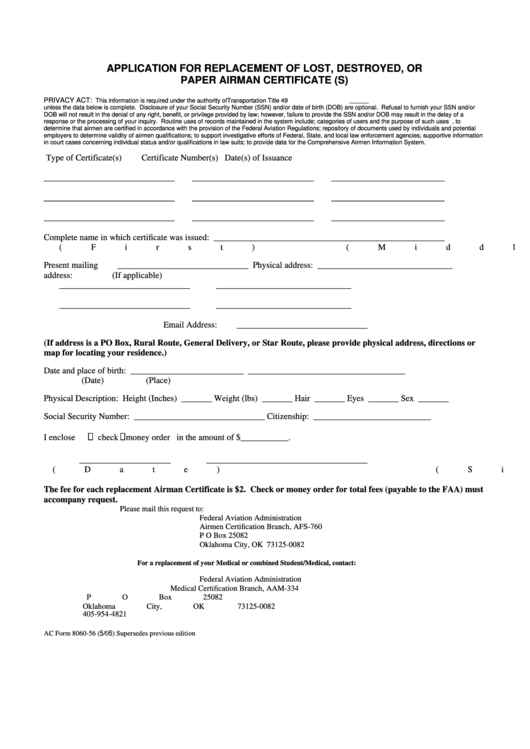 Fillable Ac Form 8060 56 Application For Replacement Of Lost
