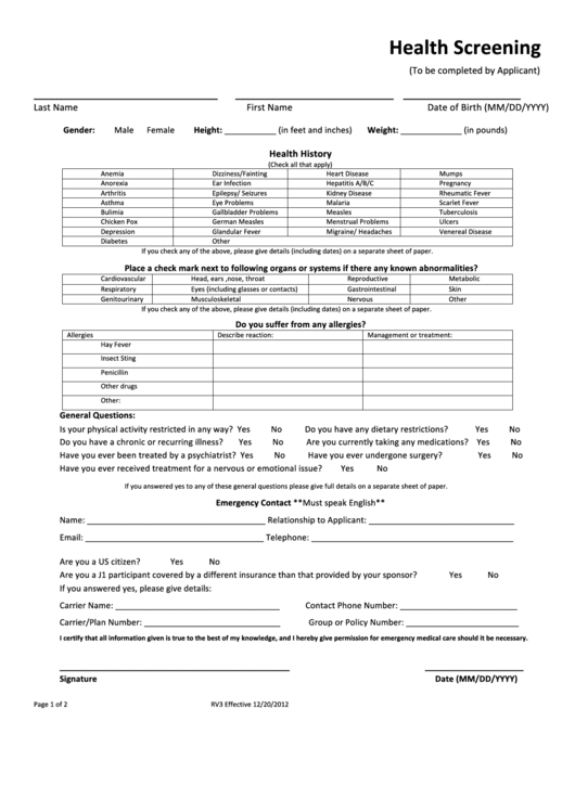 Health Screening Form Printable pdf