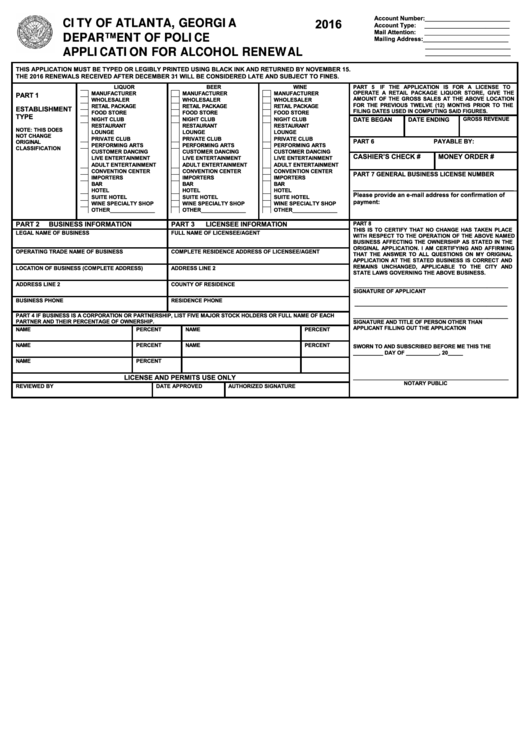 Fillable Application For Alcohol Renewal Form - 2016 Printable pdf