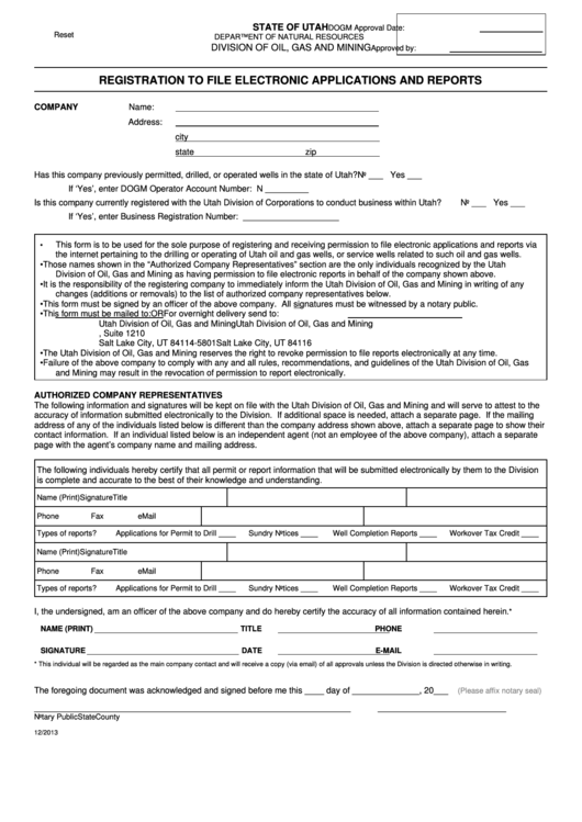 Fillable Registration To File Electronic Applications And Reports Form Printable pdf