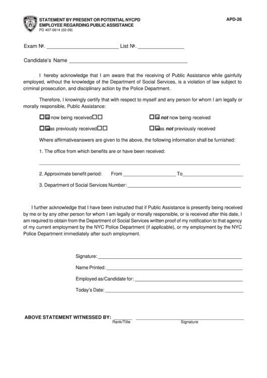 Fillable Apd-26 - Employee Regarding Public Assistance Form Printable pdf