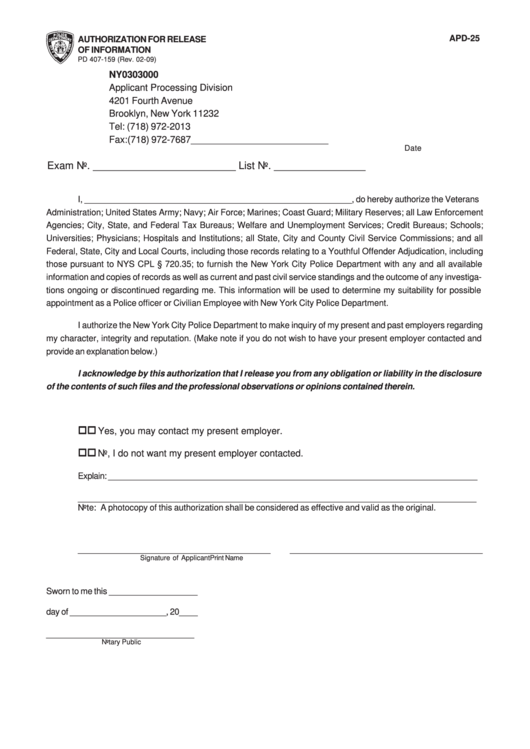 Apd-25 - Authorization For Release Of Information Form