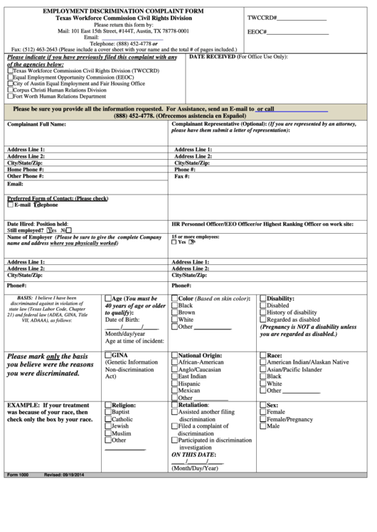 Fillable Employment Discrimination Complaint Form Printable pdf