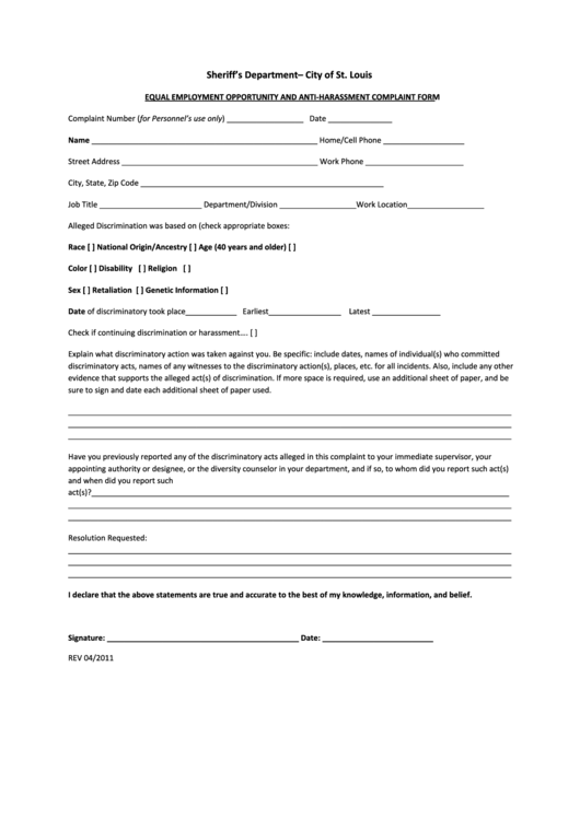 Equal Employment Opportunity And Anti-Harassment Complaint Form Printable pdf