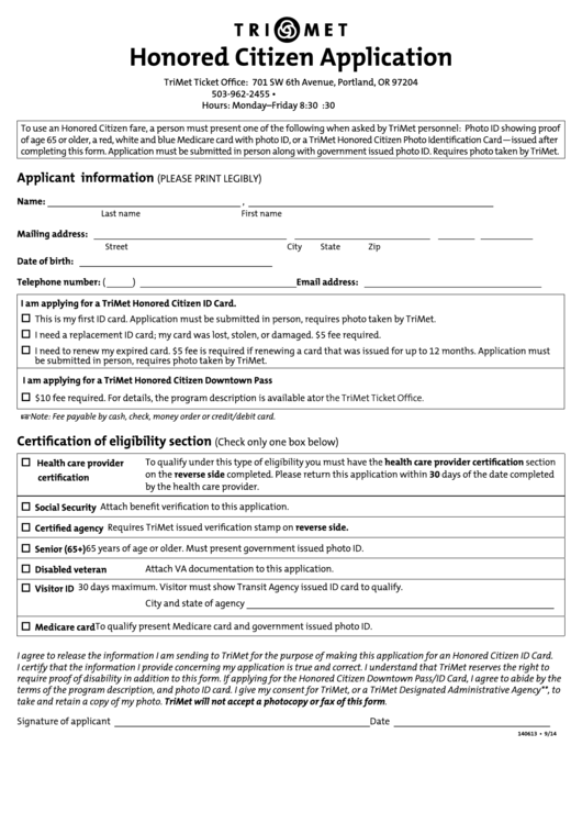 Honored Citizen Application Form Printable pdf