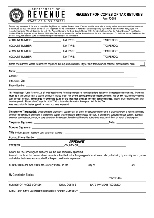 Form 70-698 Request For Copies Of Tax Returns Printable pdf