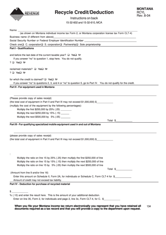 Fillable Form Montana Rcyl - Recycle Credit/deduction - 2004 Printable pdf