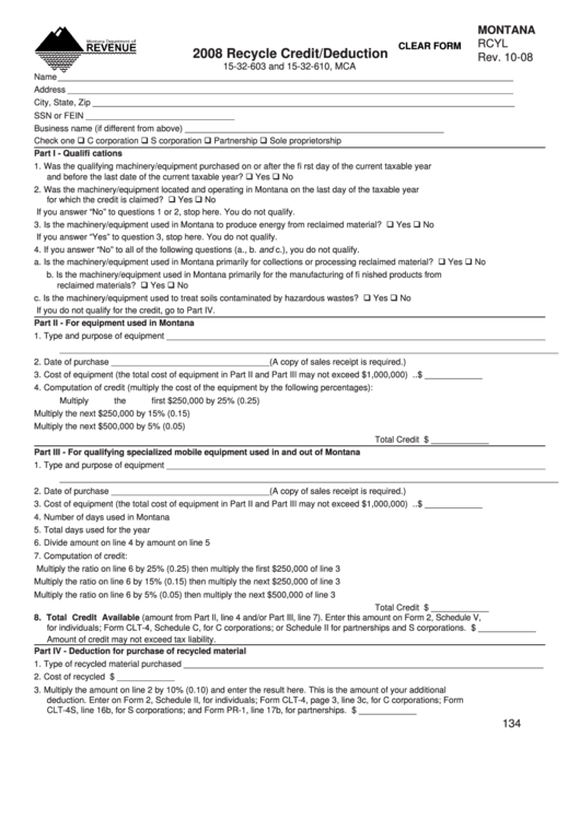 Fillable Montana Form Rcyl - Recycle Credit/deduction - 2008 Printable pdf