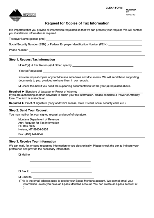Fillable Rti Request For Copies Of Tax Information Form Montana Printable pdf