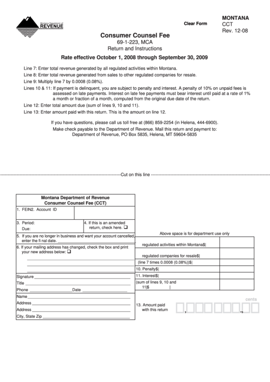 Fillable Form Cct Montana Department Of Revenue Consumer Counsel Fee Form Printable pdf