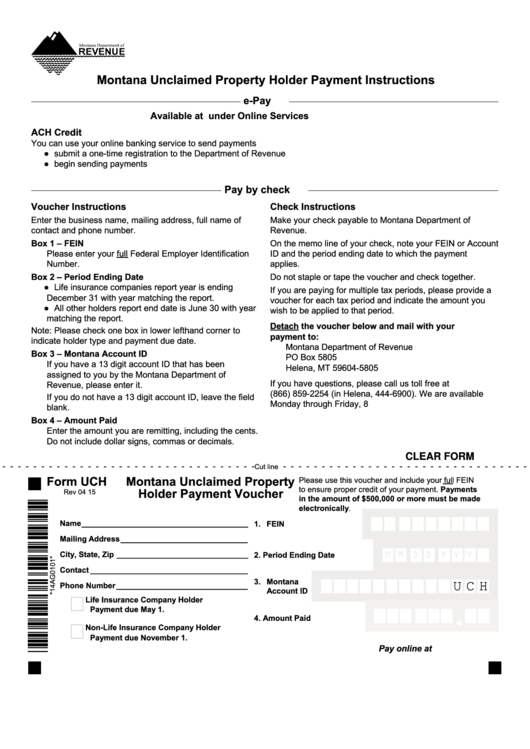 Fillable Form Uch - Montana Unclaimed Property Holder Payment Voucher 2015 Printable pdf