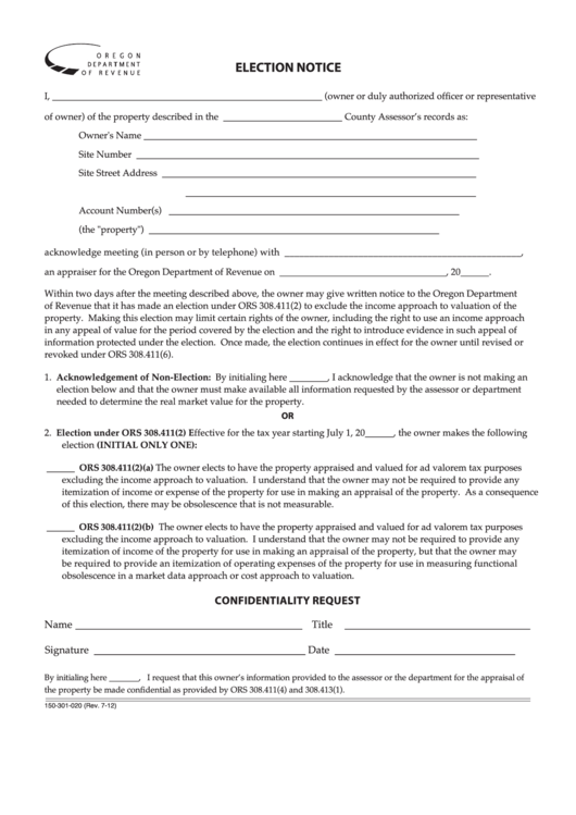 Election Notice Form - Oregon Printable pdf