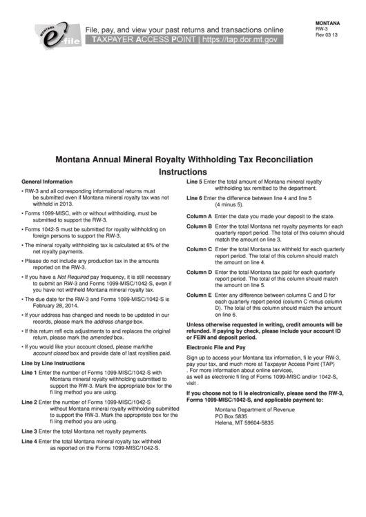 Fillable Form Rw-3 Montana Annual Mineral Royalty Withholding Tax Reconciliation 2013 Printable pdf