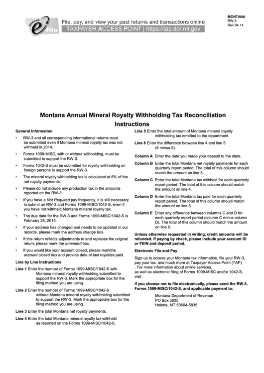 Fillable Form Rw-3 Montana Annual Mineral Royalty Withholding Tax Reconciliation 2014 Printable pdf