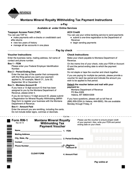 Fillable Form Rw-1 - Montana Mineral Royalty Withholding Tax Payment Voucher - 2014 Printable pdf