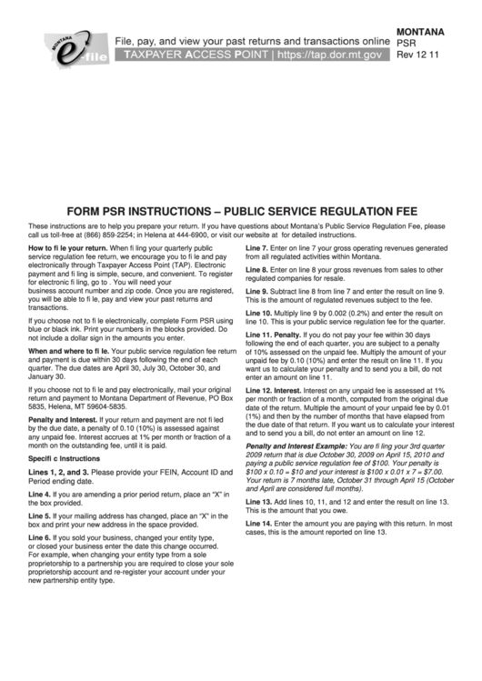 Fillable Montana Form Psr - Public Service Regulation Fee - 2011-2012 Printable pdf