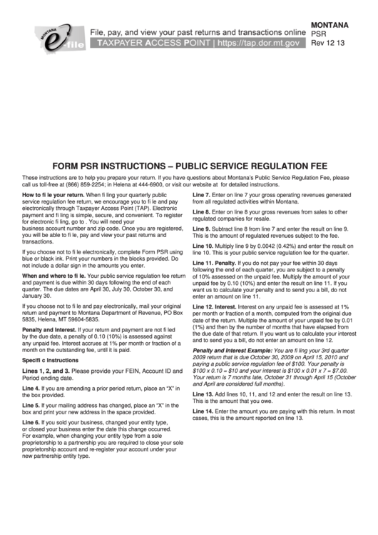 Fillable Montana Form Psr Public Service Regulation Fee 20132014