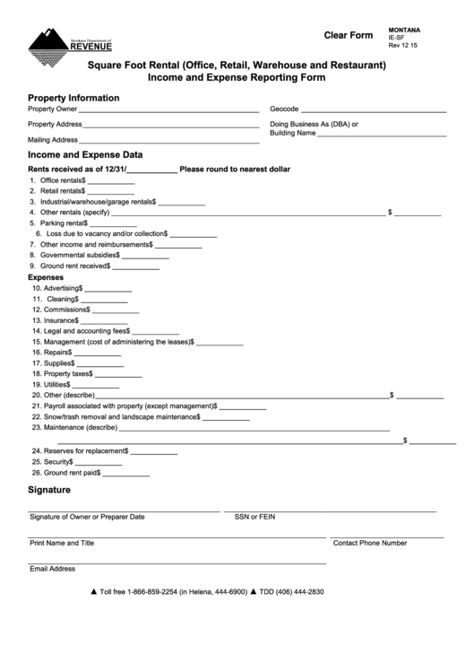 Fillable Form Ie-Sf Square Foot Rental (Office, Retail, Warehouse And Restaurant) Income And Expense Reporting Form 2015 Printable pdf
