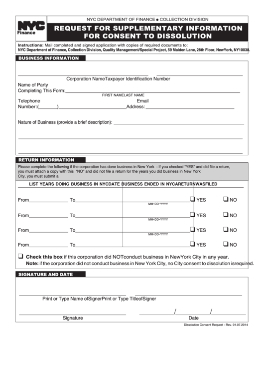 Y Information For Consent To Dissolution Form Nyc Finance Printable pdf