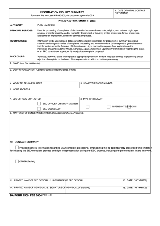Fillable Da Form 7509 - Information Inquiry Summary Printable pdf