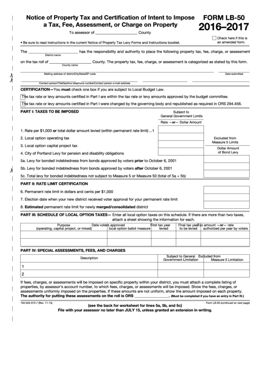 Fillable Form Lb-50 - Notice Of Property Tax And Certification Of Intent To Impose A Tax, Fee, Assessment, Or Charge On Property - 2016-2017 Printable pdf