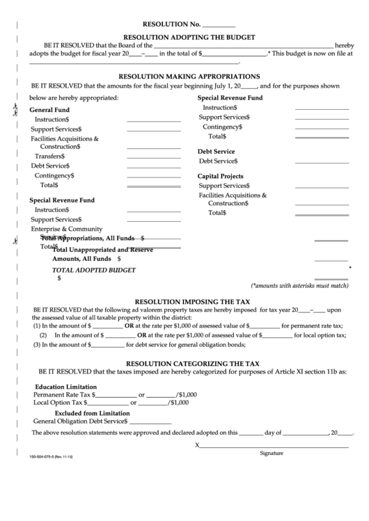 Fillable Form 150-504-075-5 Resolution Adopting The Budget Oregon Printable pdf