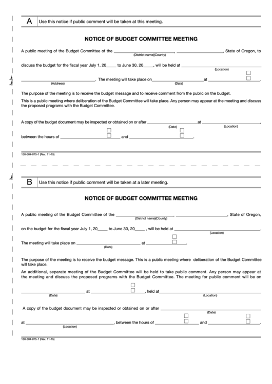 Fillable Form 150-504-075-1 Notice Of Budget Committee Meeting Oregon Printable pdf