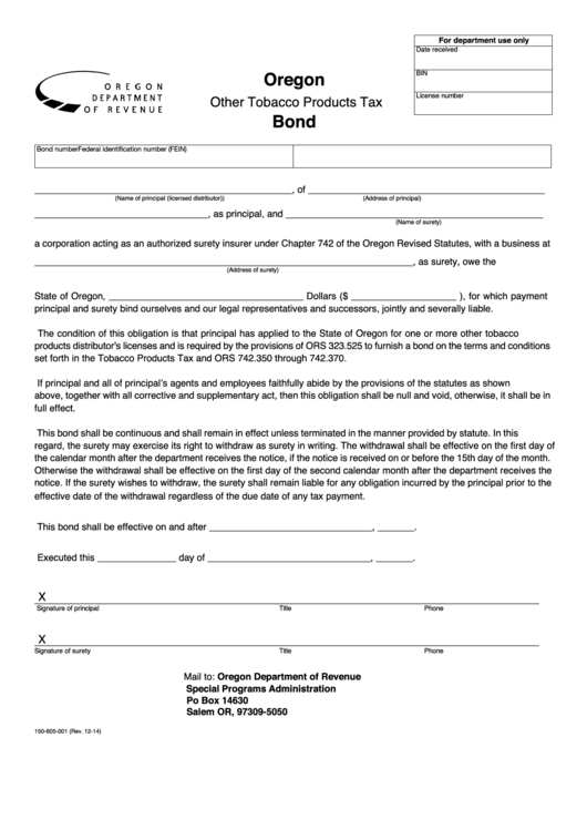 Fillable Form 150-605-001 - Other Tobacco Products Tax Bond Printable pdf