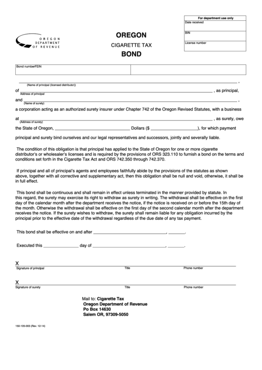 Fillable Form 150-105-003 - Cigarette Tax Bond Printable pdf