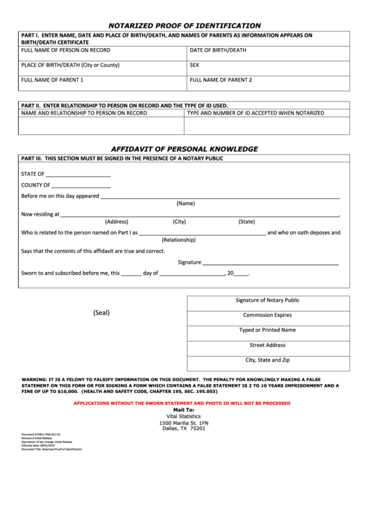Notarized Proof Of Identification Form Texas Printable pdf