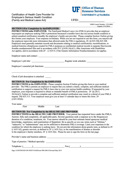 Form Wh-380-e - Certification Of Health Care Provider For Employee's Serious Health Condition