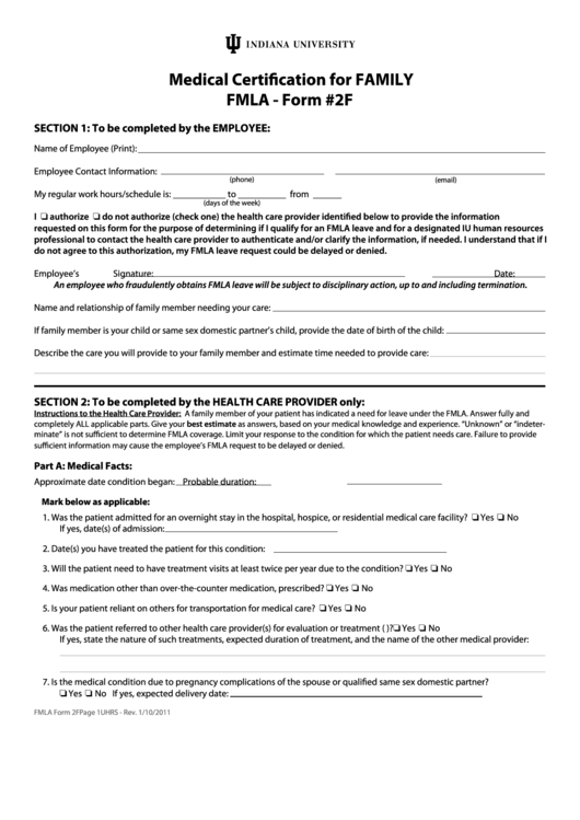 Fillable Indiana University Medical Certification For Family Fmla Printable pdf