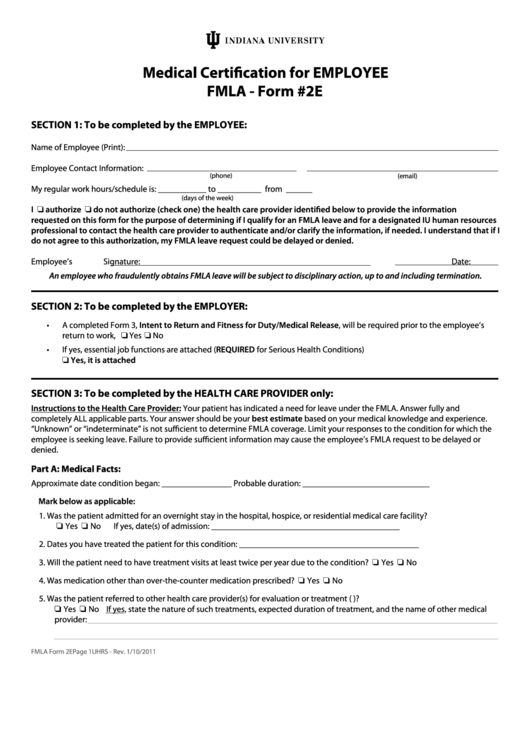 Fillable Indiana University Medical Certification For Employee Fmla Printable pdf