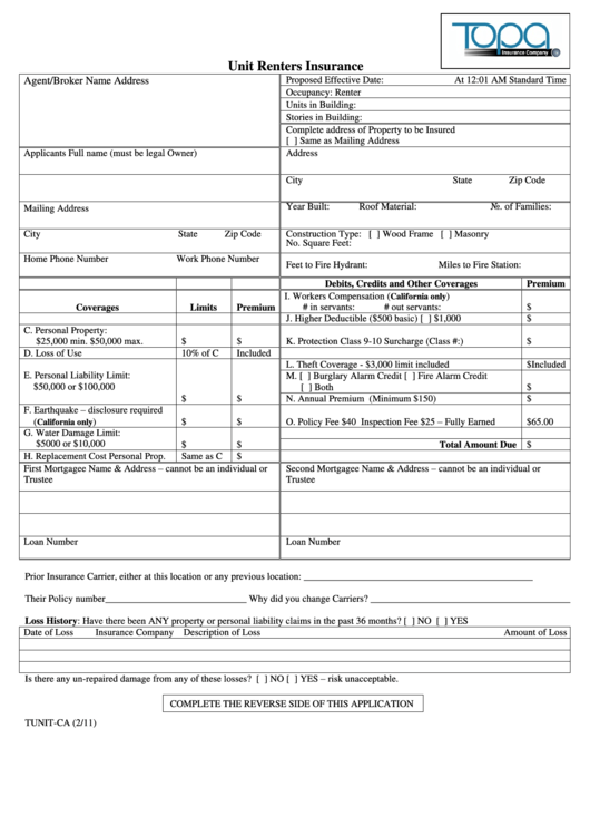 Tunit-Ca - Unit Renters Insurance Form Printable pdf