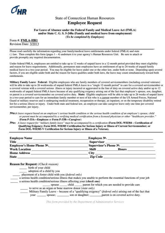 Fillable State Of Connecticut Human Resources Employee Request For Leave Of Absence Under The Federal Family And Medical Leave Act (Fmla) Printable pdf