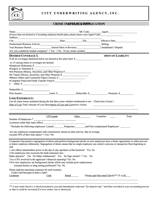 Fillable F-3175 - Crime Insurance Application Form Printable pdf