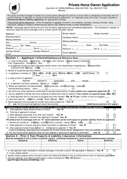 Fillable Private Horse Owner Application Form Printable pdf